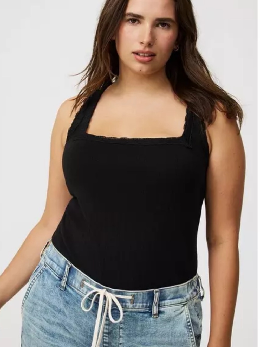 NWT Torrid Pointelle Square Neck Lace Trim Tank Size 00 M/L 10 Black Cotton Y2K
